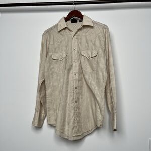 VINTAGE OUTLAW WESTERN WEAR SHIRT PEARL SNAPS METALLIC SILVER STRIPES TAIL 15.5